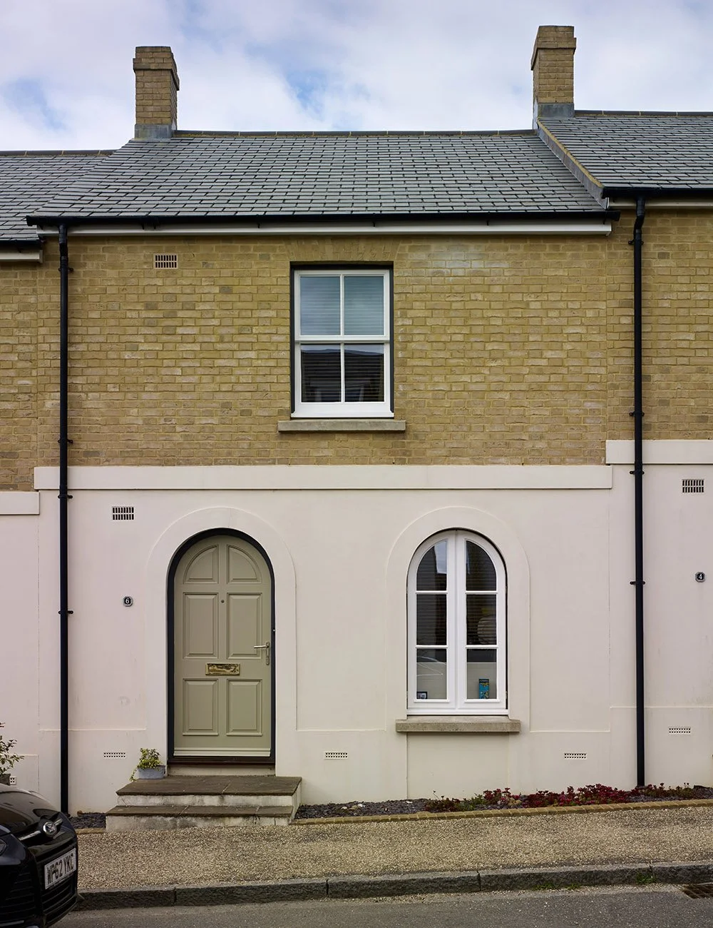 Front elevation of a traditional townhouse at Poundbury, Dorchester, Dorset.