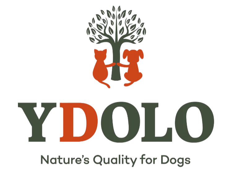 Logo for YDLO with a tree at the top, two dogs holding hands underneath, and the tagline "Nature's Quality for Dogs".