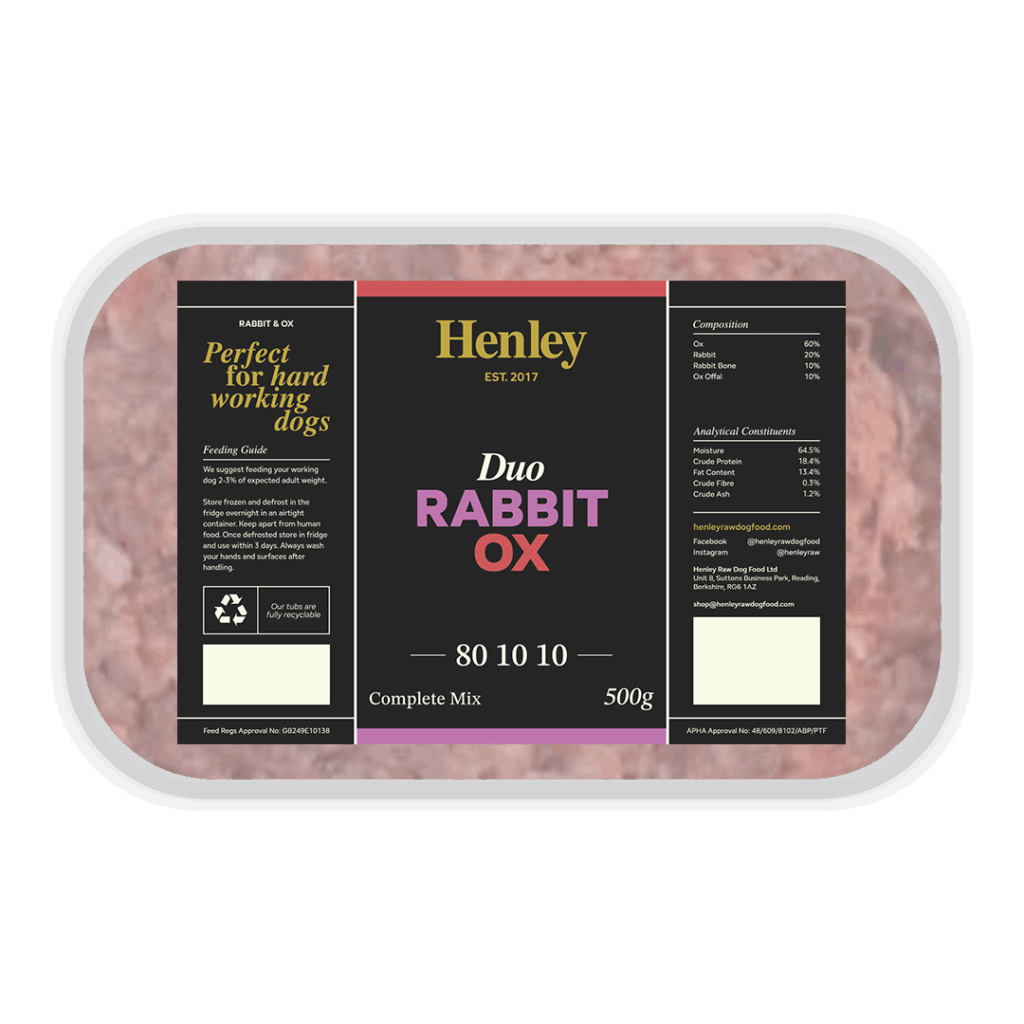 Packaged raw rabbit and ox dog food labeled 'Henley Duo Rabbit Ox,' designed for hard working dogs, with nutritional information and website details.