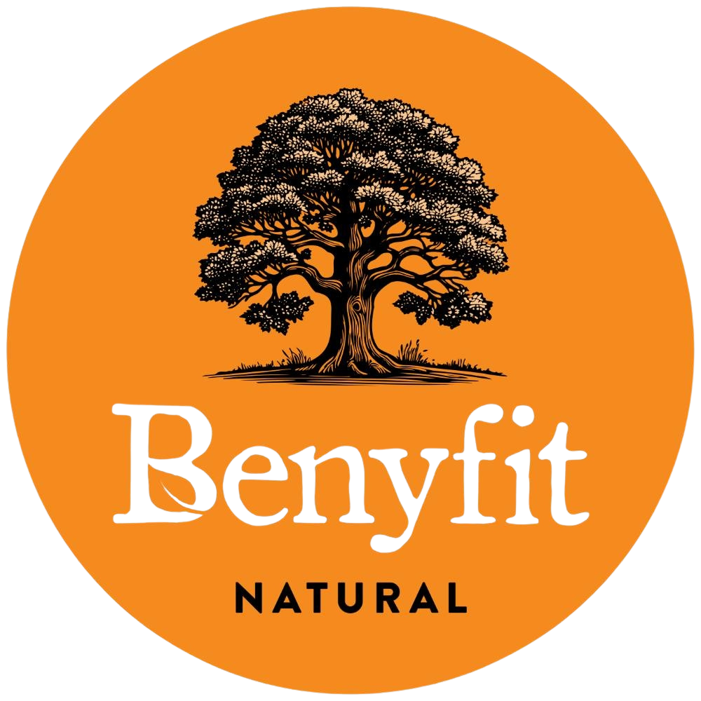 A circular orange logo with a black tree illustration at the top and the words "Benyfit Natural" in the center, with "Natural" in black text below "Benyfit."