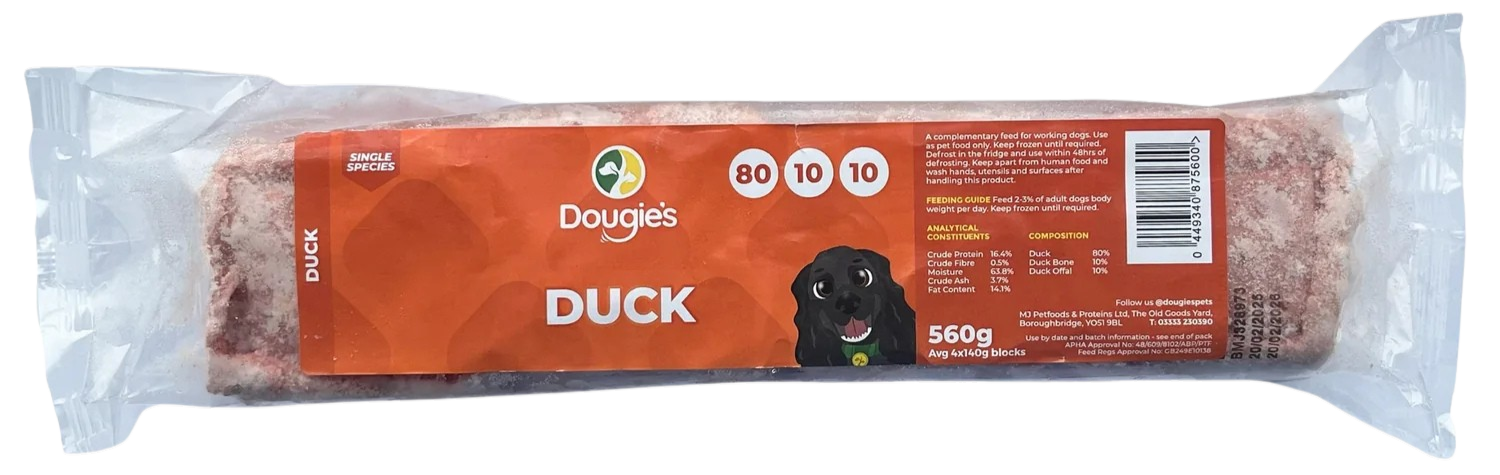 Frozen duck dog food in clear packaging with orange label, brand Dougie's, and a cartoon image of a black dog.