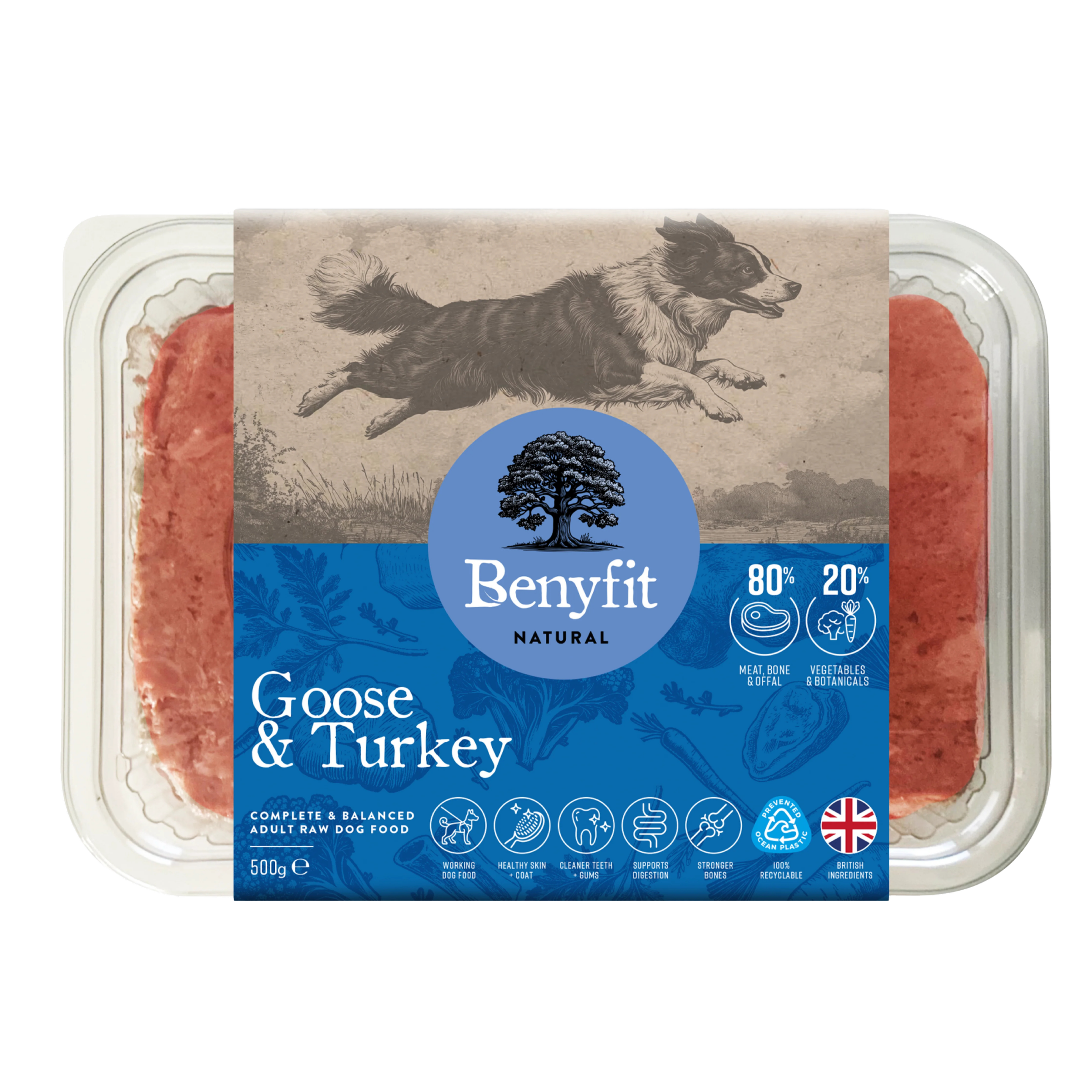 Package of Benyfit Goose & Turkey raw dog food with a picture of a running dog and a blue label indicating 80% meat and bone, 20% vegetables and botanicals, and features like supporting digestion, cleaner teeth, and healthy skin.