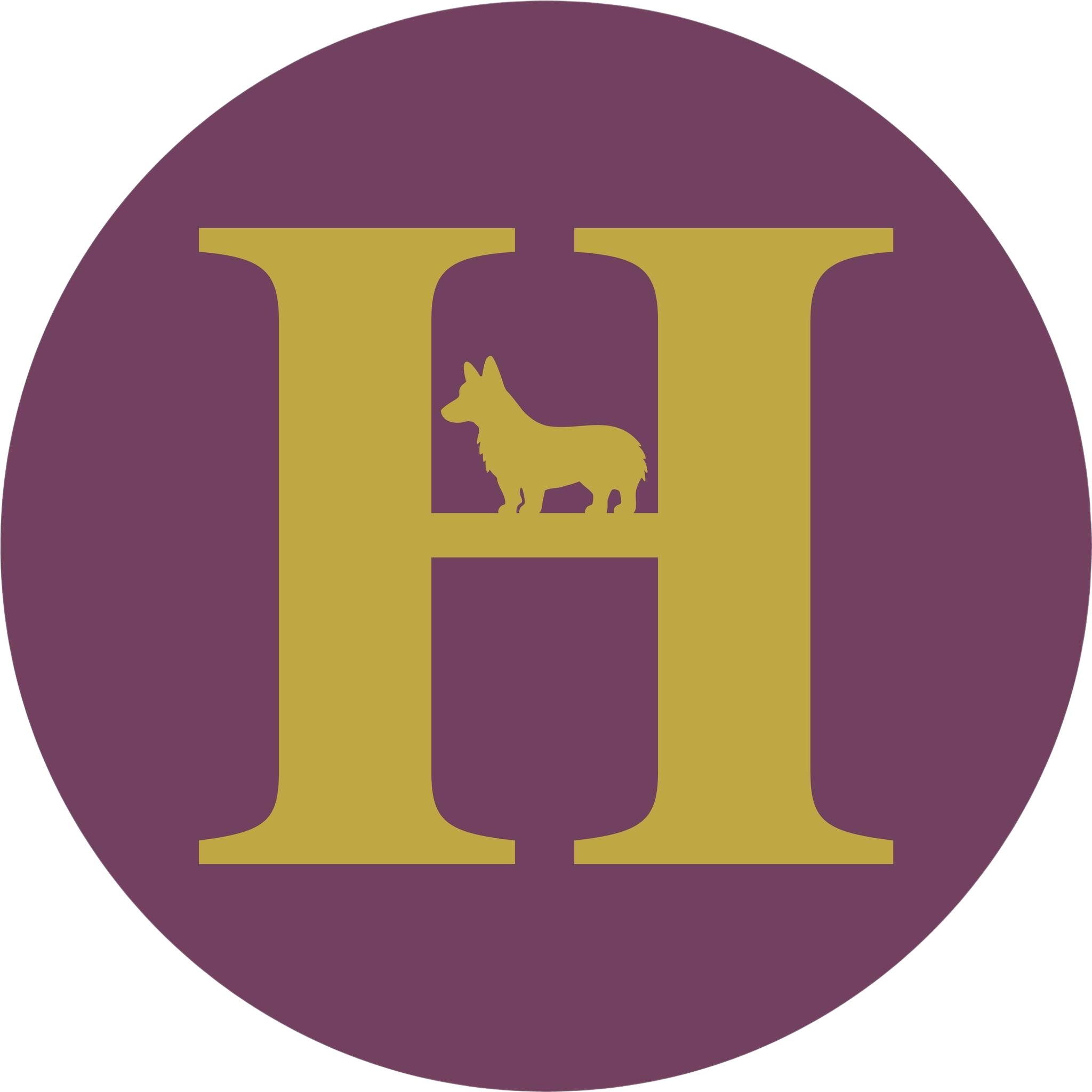 Stylized logo with a large gold letter 'H' and a dog silhouette in the center on a purple background.