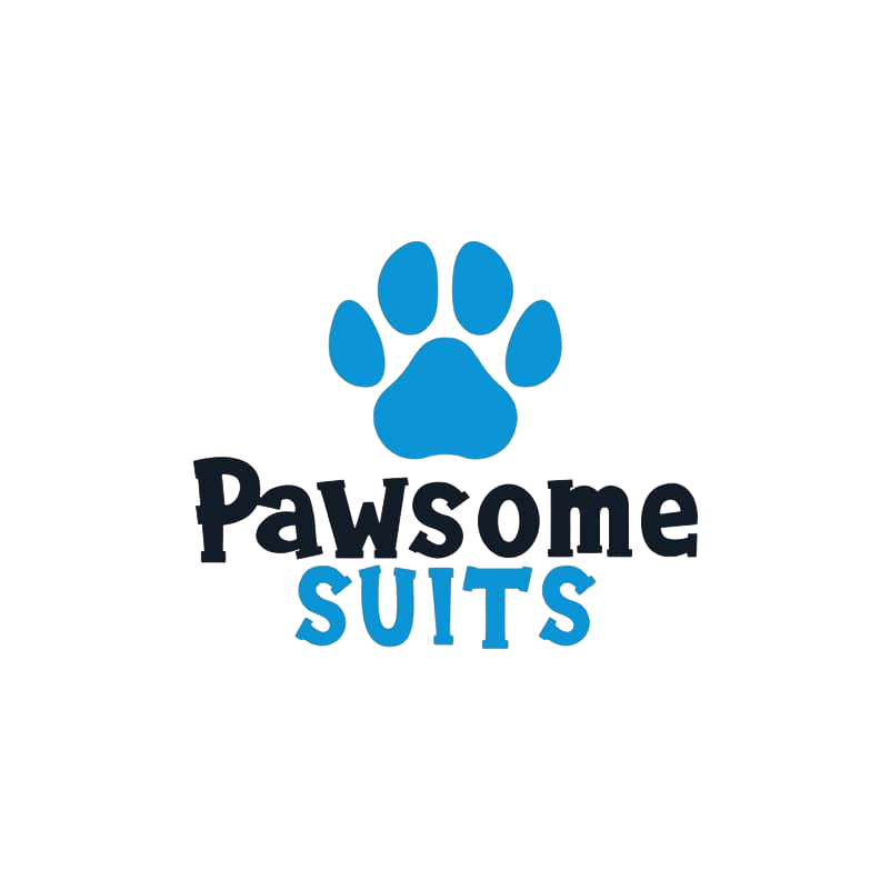 Logo with a blue paw print and the text 'Pawsome Suits' with 'Pawsome' in black and 'Suits' in light blue.