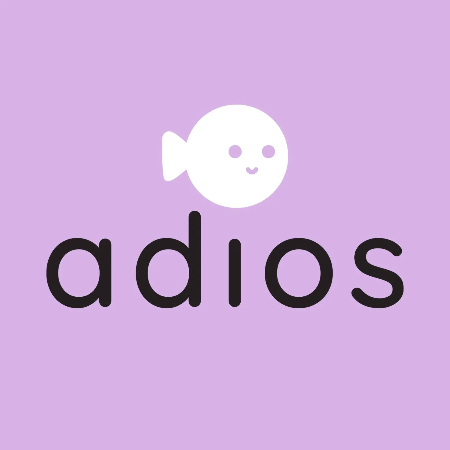 Logo with a cute, smiling fish icon above the word 'adios' in black, on a light purple background.