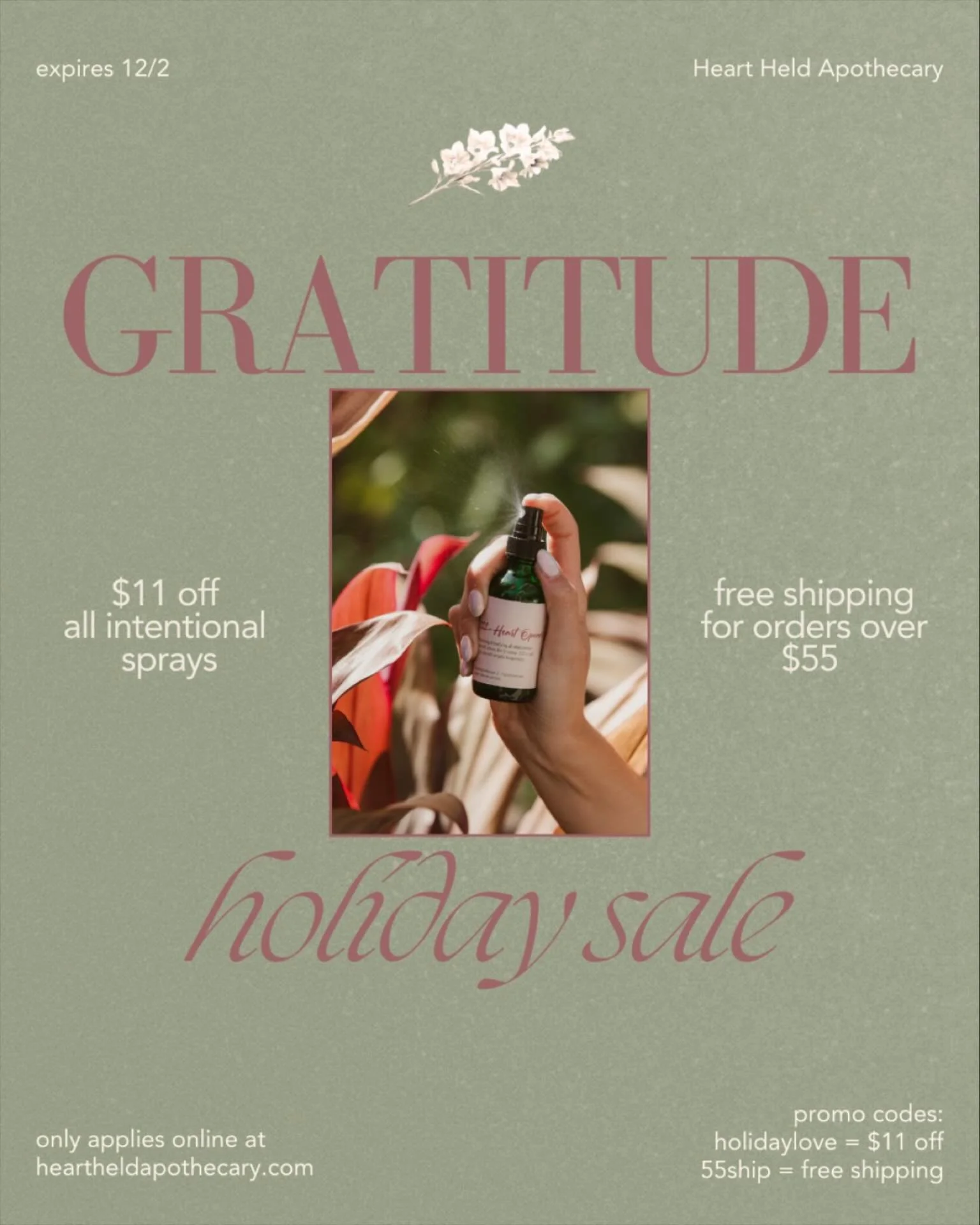 Ground into the season of giving, with our GRATITUDE HOLIDAY SALE. 🌿✨

Because you deserve ease, intention, and a little sparkle &mdash; enjoy $11 OFF all essential oil crystal sprays with code HOLIDAYLOVE + HOLIDAYSHIP for free shipping on orders $