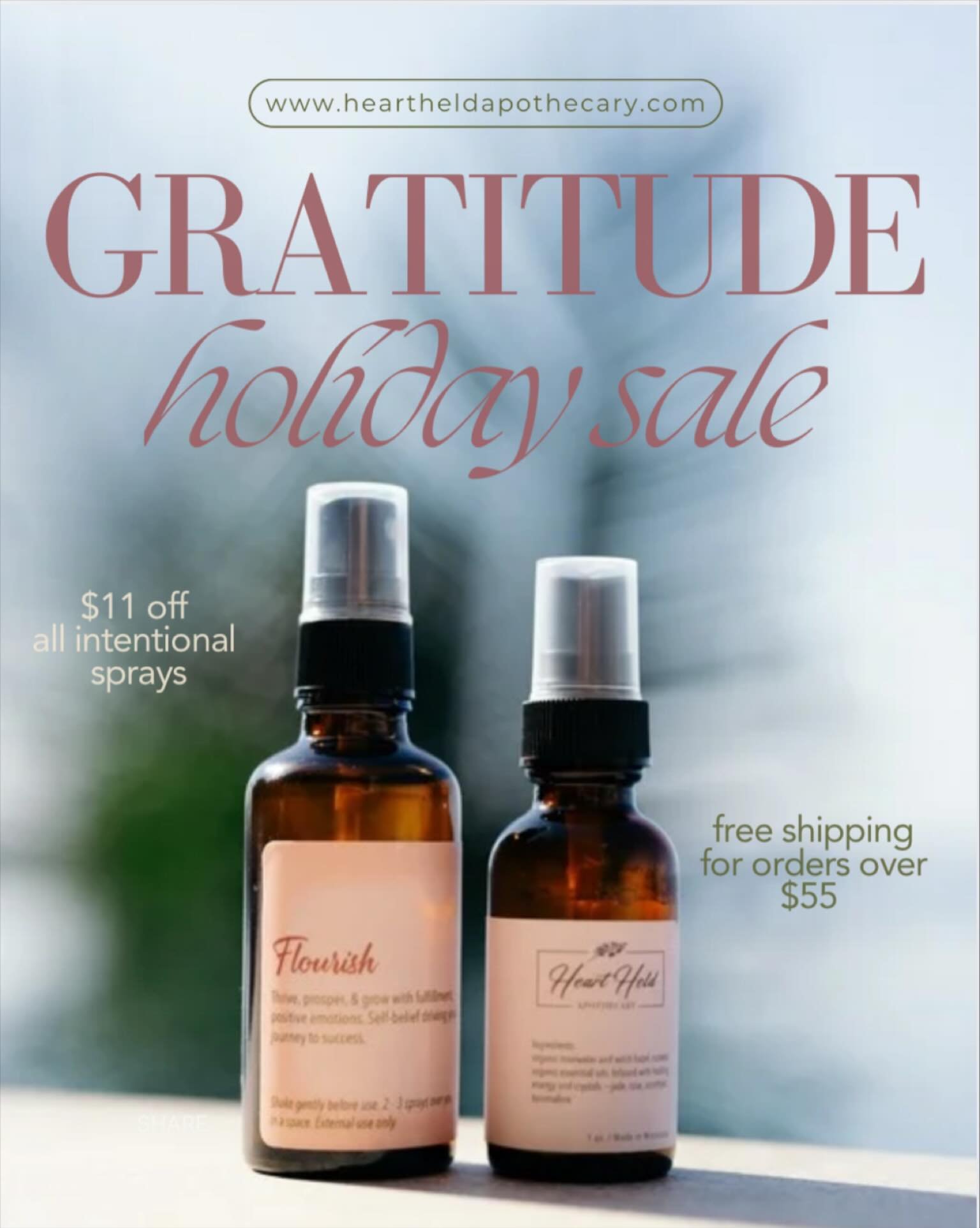 Wrap yourself and your loved ones in the magic of the season with our GRATITUDE HOLIDAY SALE 🌿✨! 

Enjoy $11 OFF all essential oil crystal sprays with code HOLIDAYLOVE, plus free shipping on orders $55+ with code HOLIDAYSHIP. 

We're honored to serv
