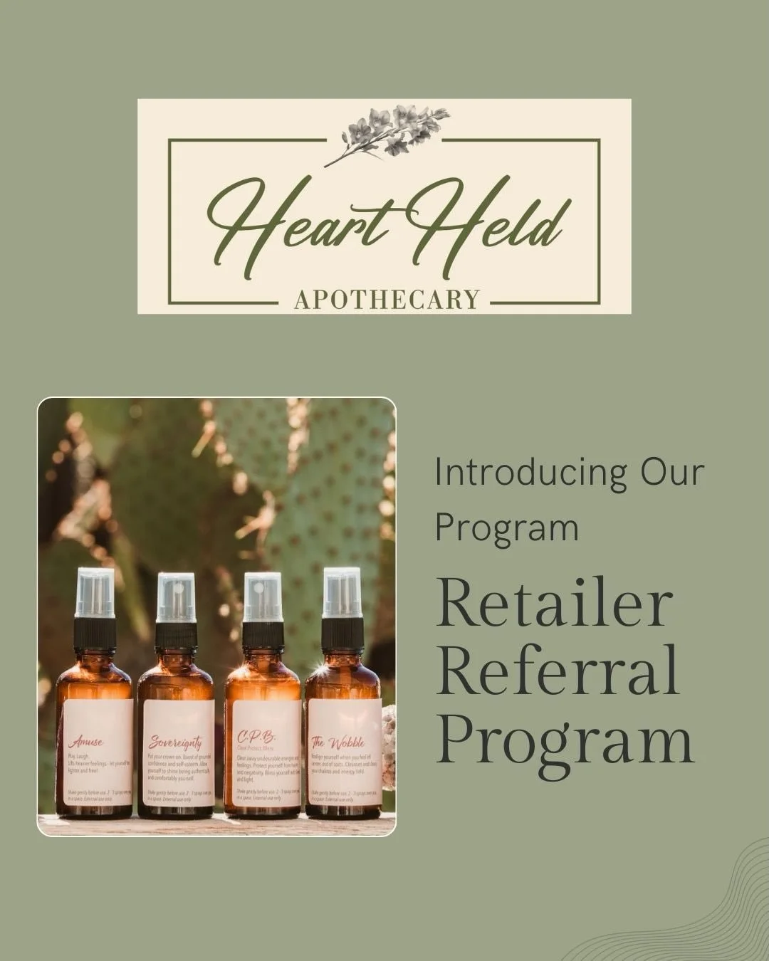 Introducing our Heart Held Apothecary retailer referral program! It&rsquo;s simple: introduce me to your favorite retailer via DM, and once they place an order, you get a free Heart Held intention spray of your choice as a thank you. I appreciate you