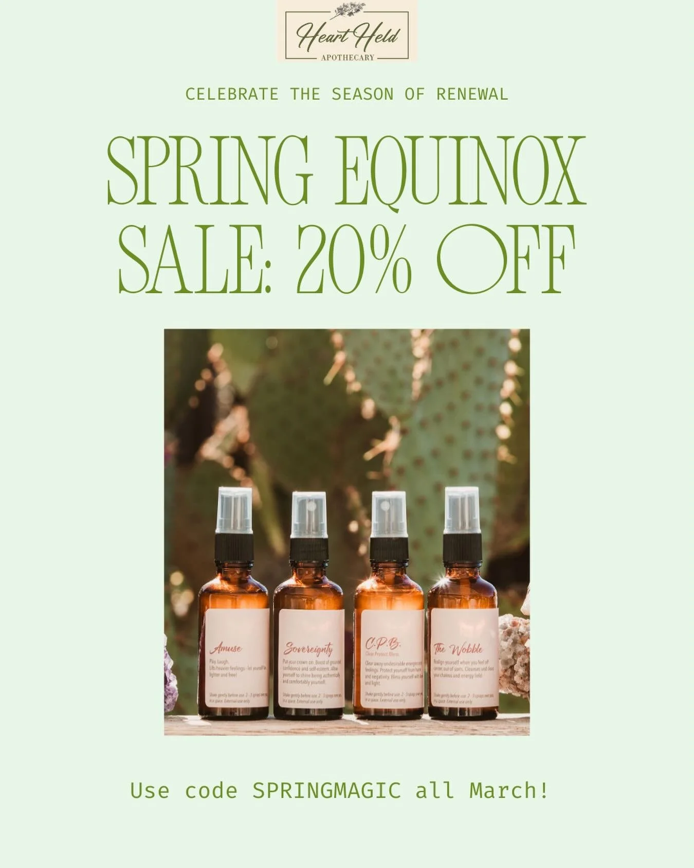 Welcome spring with a new Heart Held intention spray or 2.  Flourish is a great choice as we look to bring seeds planted to life - made with blue and pink lotus essential oil which just smells and feels like hope and renewal.  Code SPRINGMAGIC at che