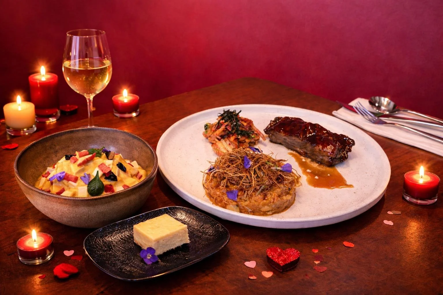 Romantic Dinner, Valentine's Day, Beef, Cheescake, Tofu Salad.