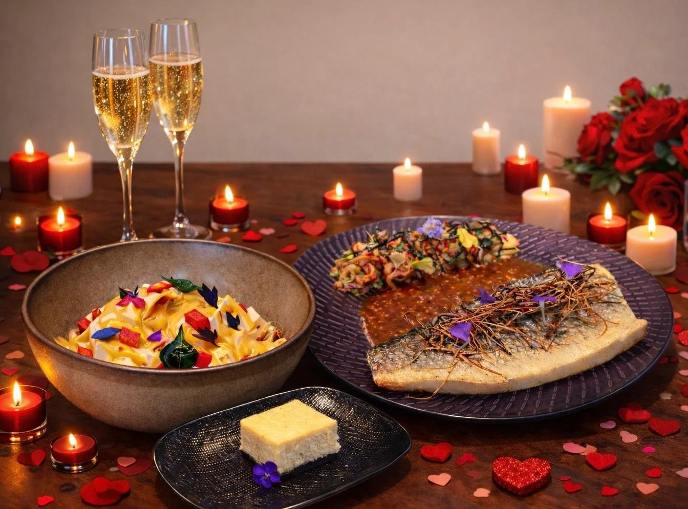 Romantic dinner, Valentine's Day, Fish, Cheesecake, Tofu Salad.