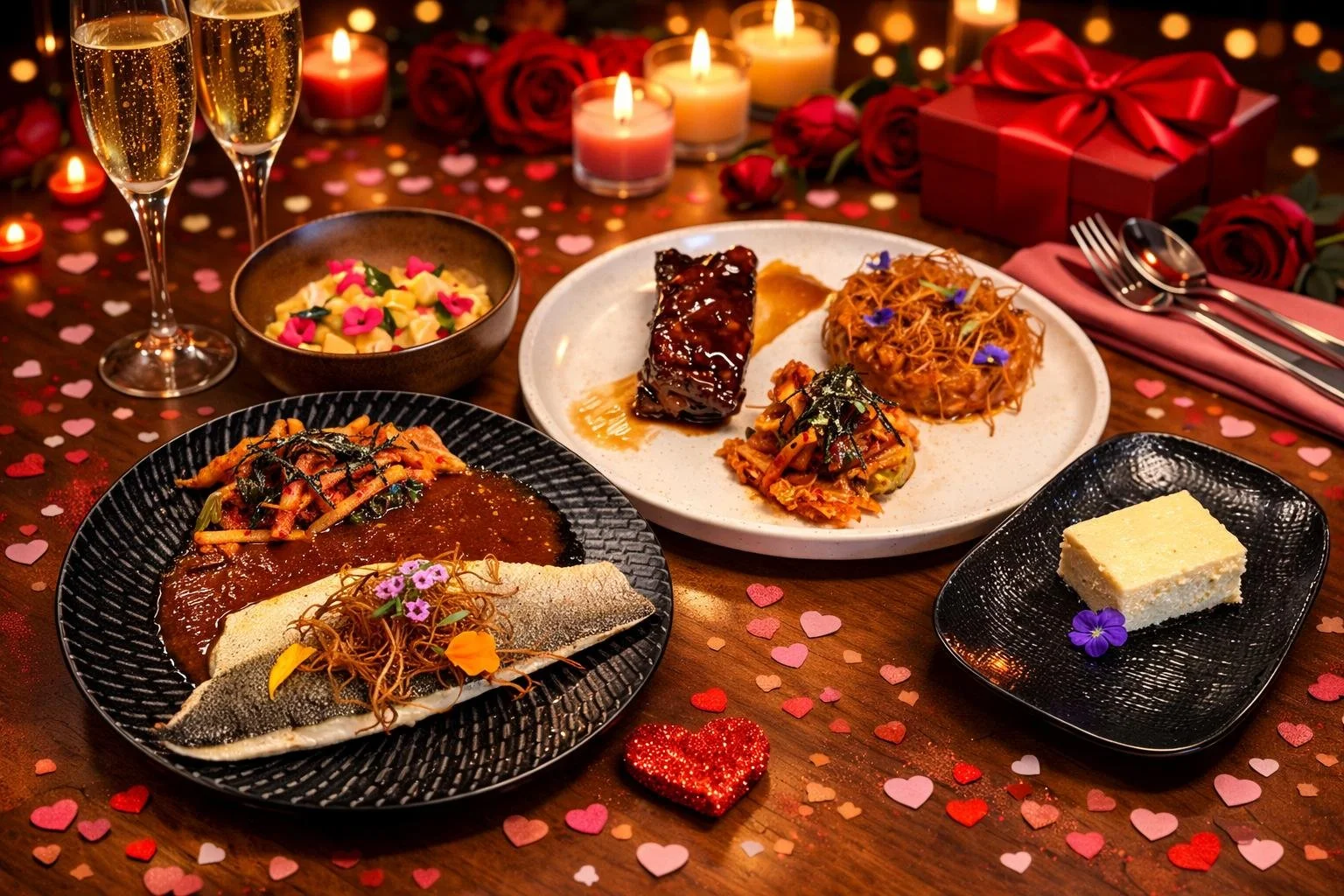 Romantic Valentine's Day dinner setup with candles, roses, a gift box, and a variety of plated dishes including fish, meat, noodles, and cake, is surrounded by heart-shaped confetti.