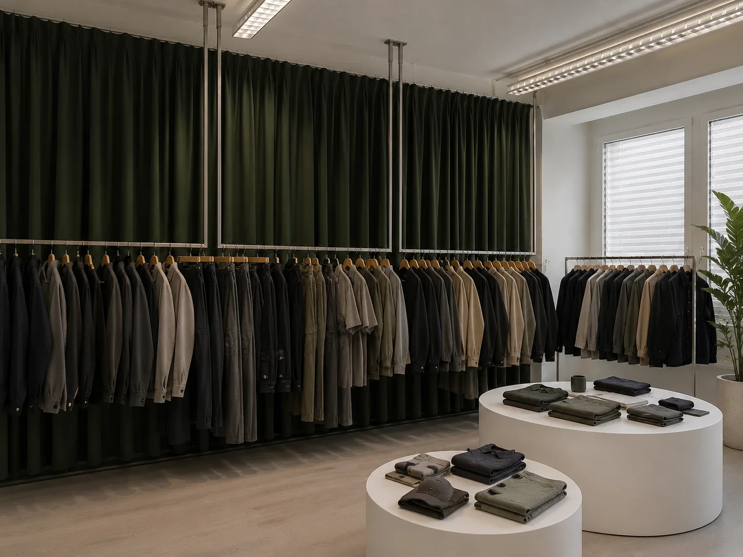 Innenansicht eines Modegeschäfts mit Kleidung auf Haken an den Wänden und auf runden Verkaufsflächen im Vordergrund, große Fenster mit Rollläden und eine grüne Pflanze in einem weißen Top.