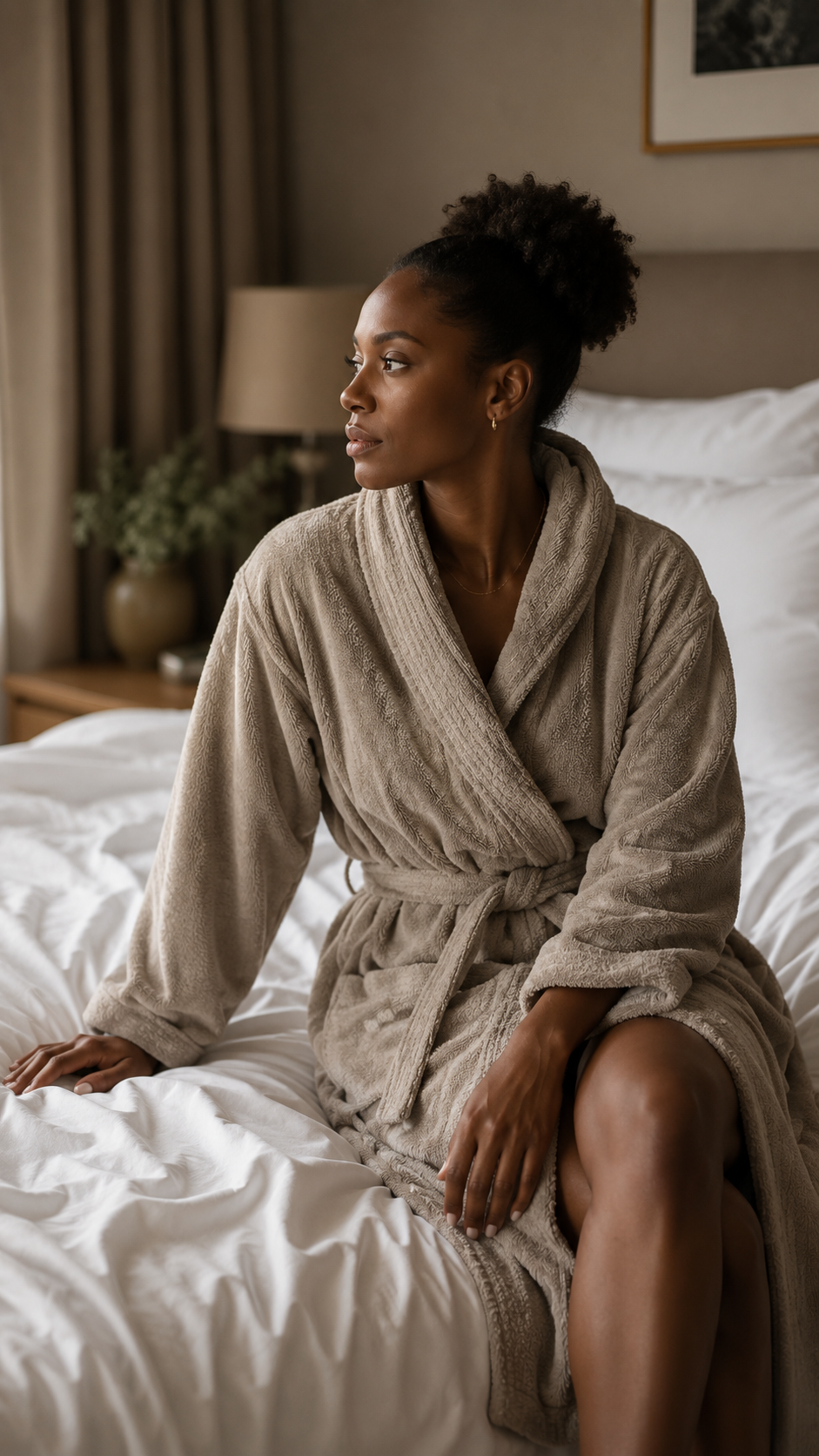 Hotelzimmer-Frottee-Frau Sitzt mit Bademantel auf Hotelbett
