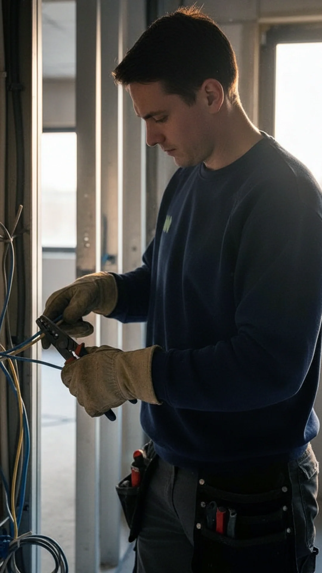 Ein Mann arbeitet an elektrischen Leitungen in einem technischen Raum, trägt Arbeitshandschuhe und Werkzeuge in einem Werkzeugkasten.