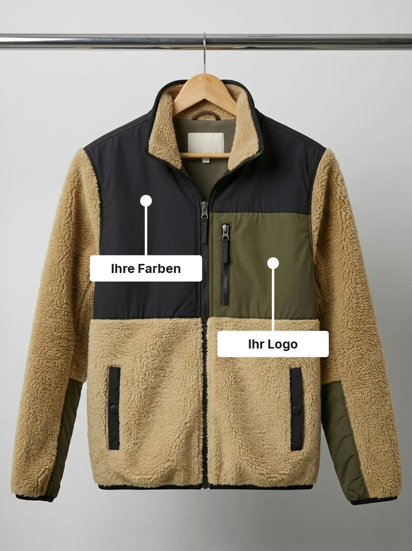 Teddy Jacke mit schwarzen, braunen und grünen Farbfeldern, Reißverschlusstaschen, herabhängend an einem Holzhaken vor einem weißen Hintergrund.