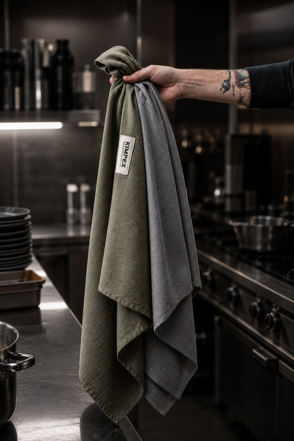 Hand, mit Tattoo am Arm, hält eine grüne und graue Küchentuchstafel in einer Restaurantküche.