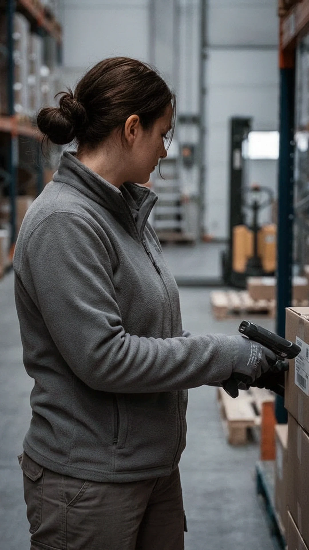Frau in einem Lagerhaus überprüft Bestätigungs-Barcode auf einer Verpackung.