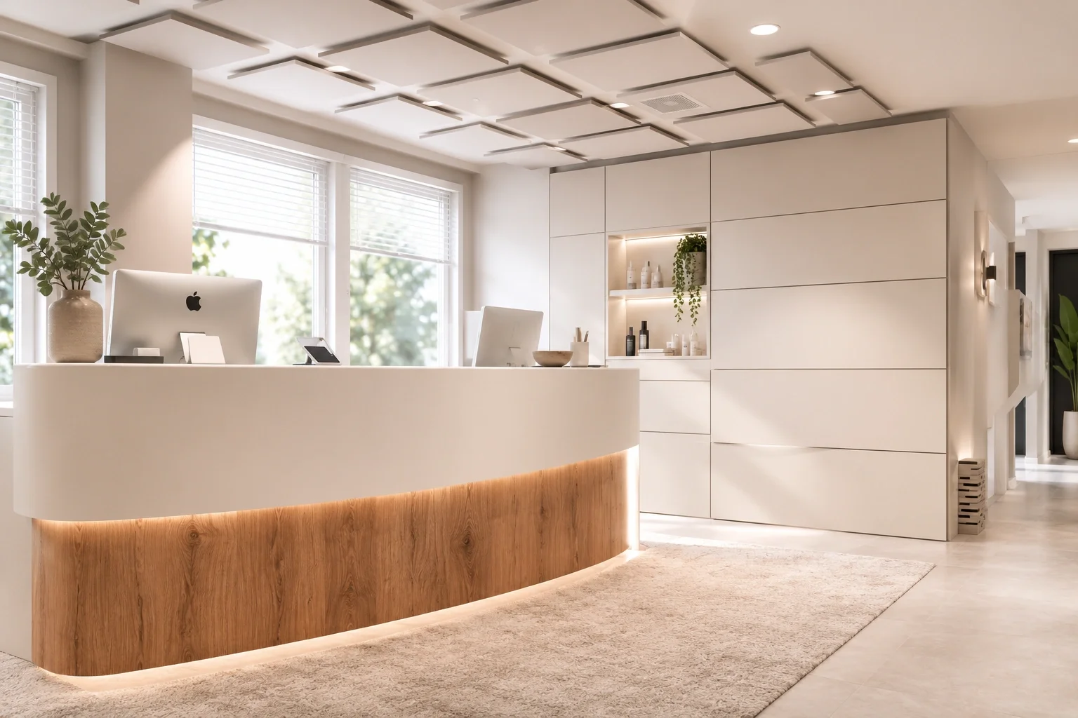 Moderner Empfangstresen in einem hellen, minimalistischen Büro mit großen Fenstern und natürlichem Licht.