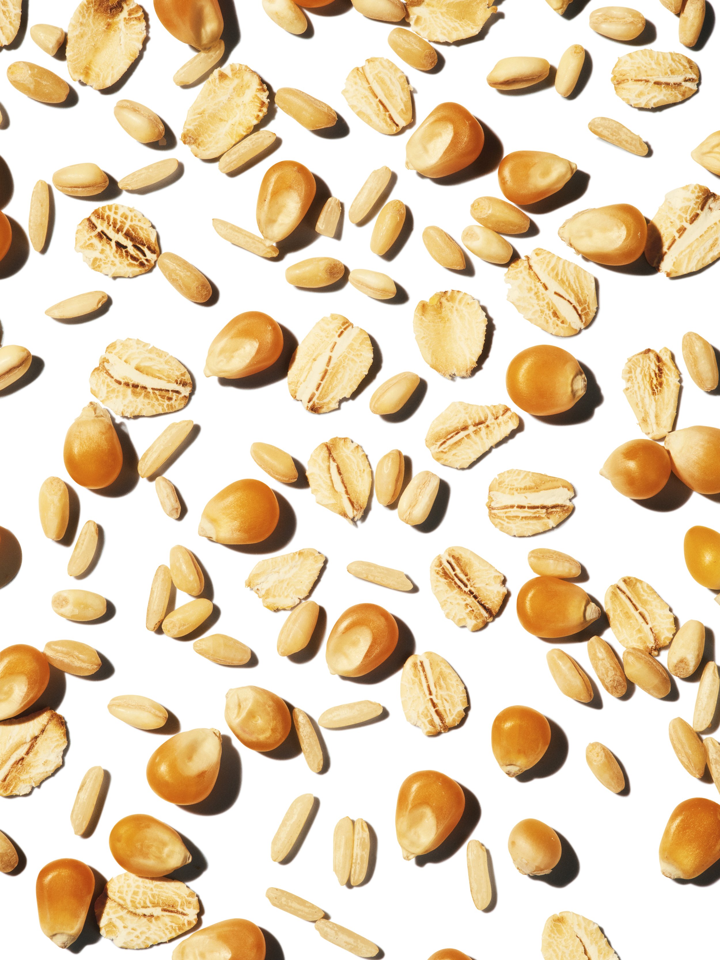 Scattered popcorn and sunflower seeds on a white background.