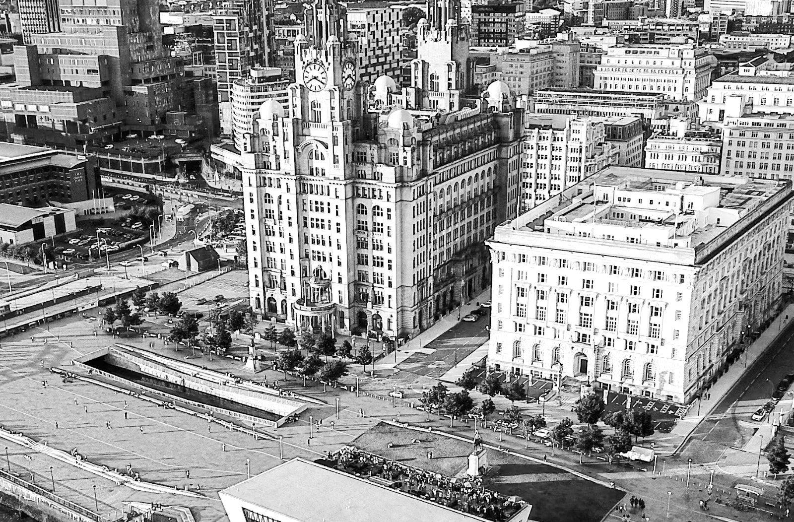Aerial view of the Royal Liver Building and Pier Head, Liverpool, in black and white