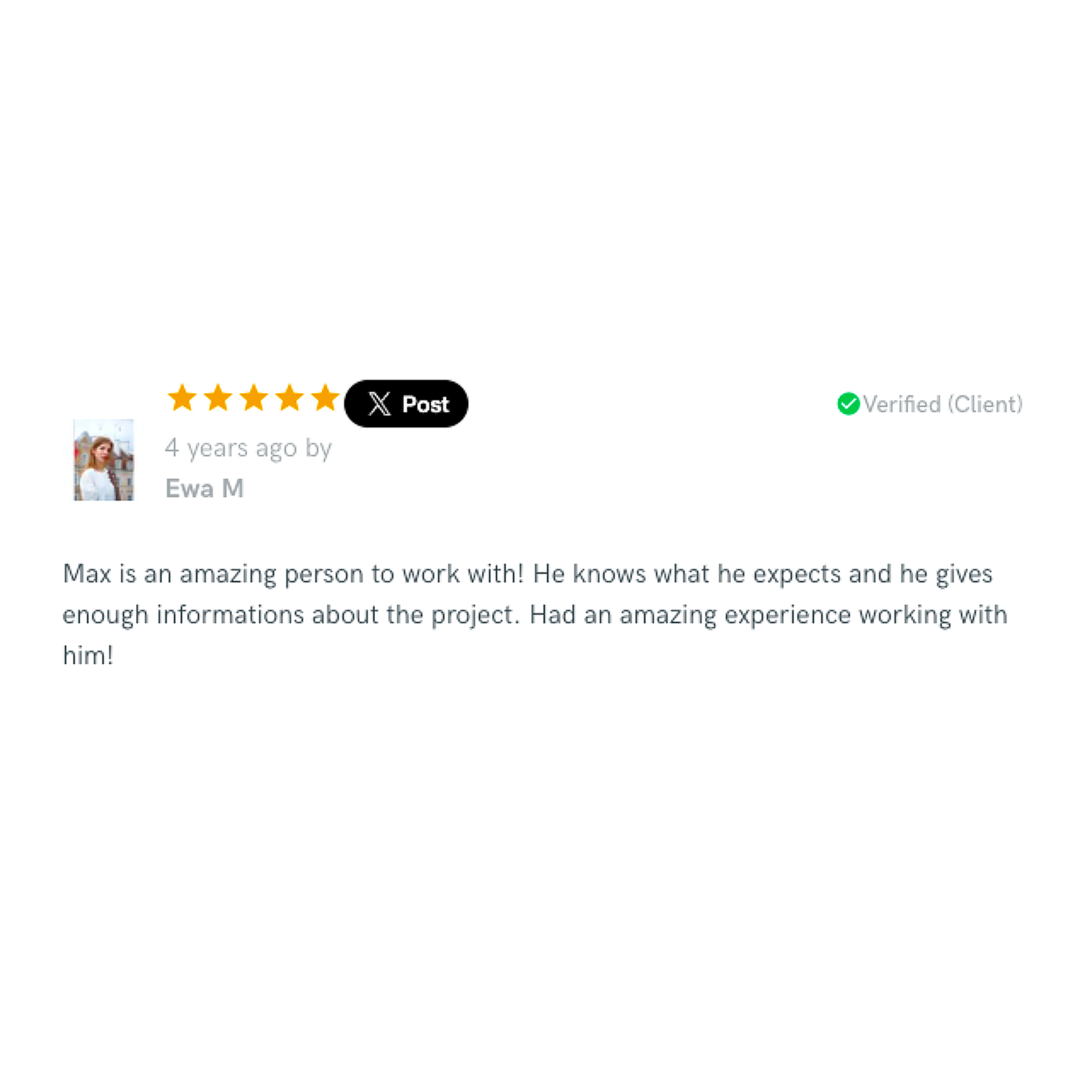 Customer review with five-star rating, profile picture of woman, verified client checkmark, and positive text about working experience.
