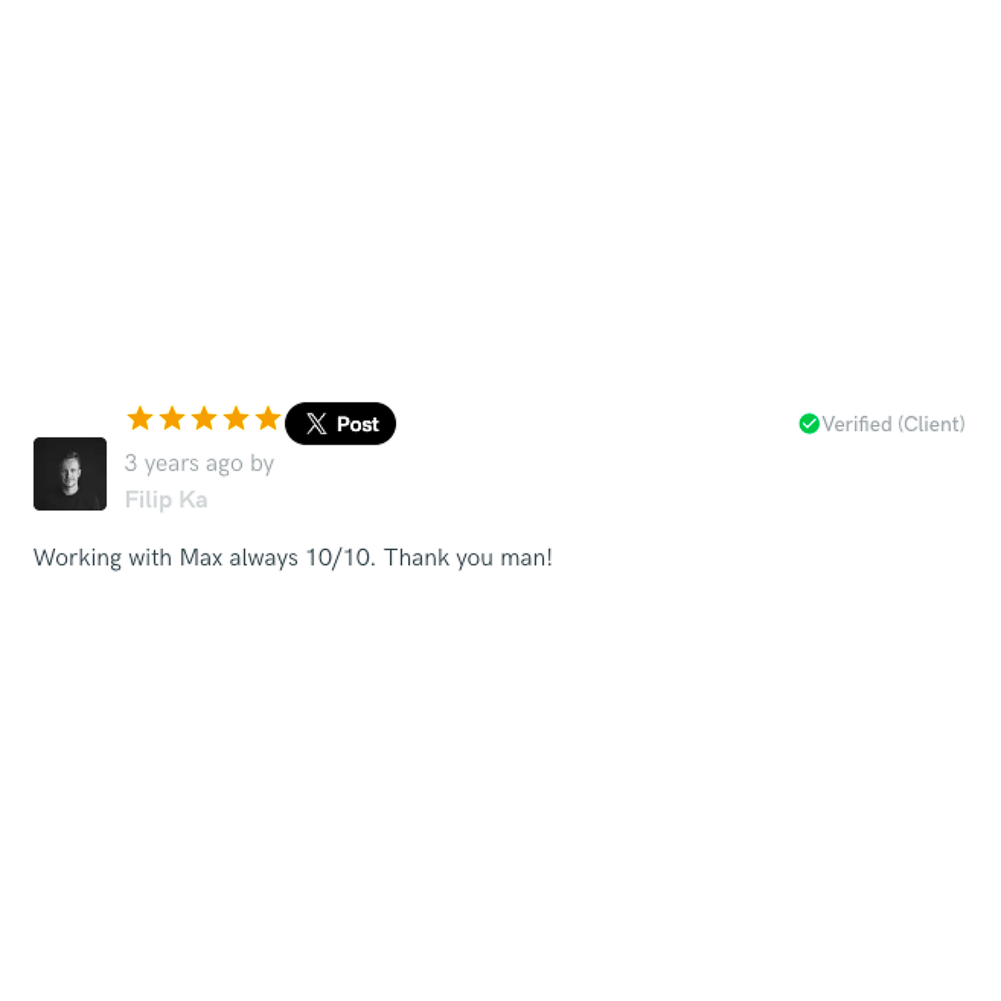 Online review with five stars, a profile picture of a man, review text praising Max, and a green verified badge.