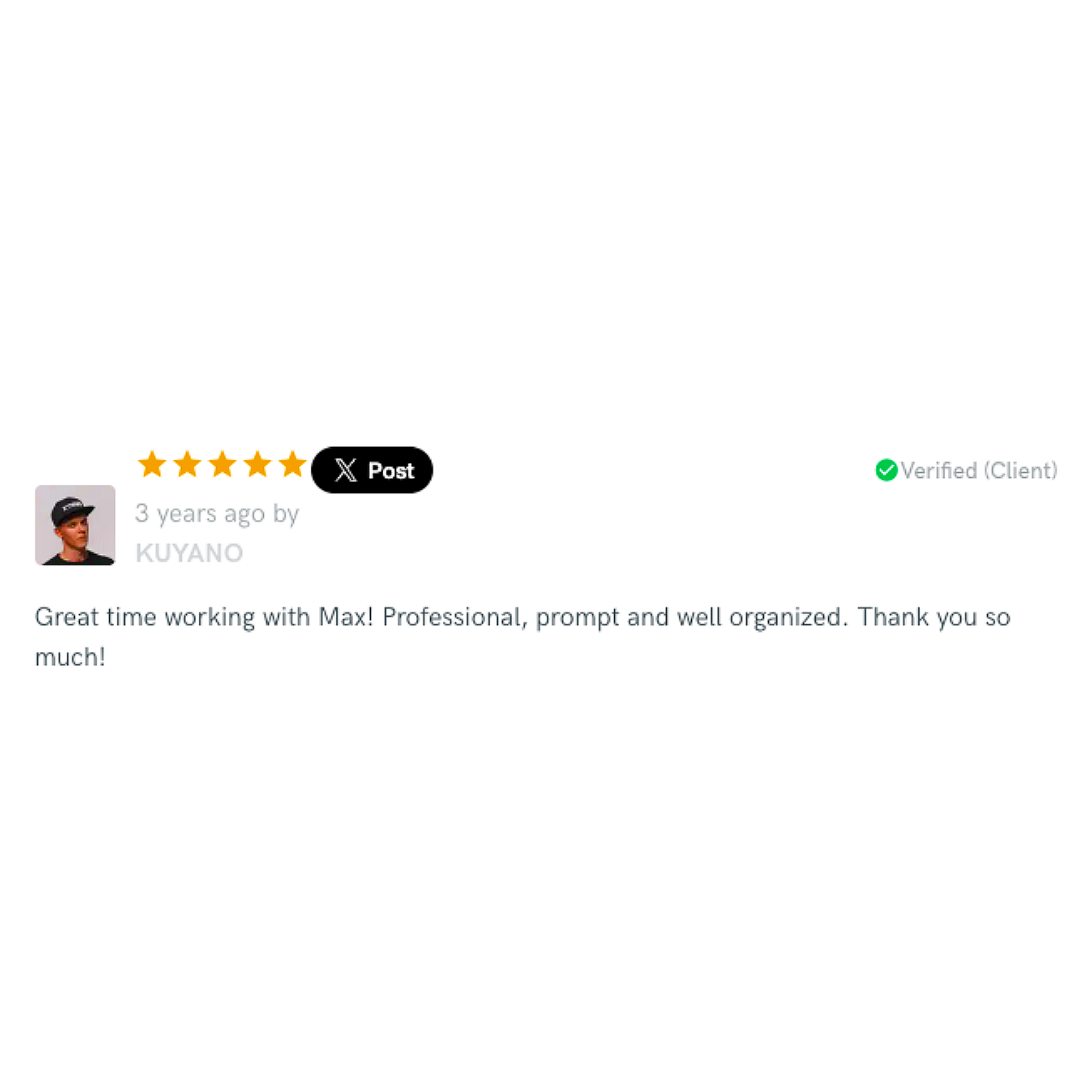 Online review with five stars, profile picture of a young man, verified client status, review text praising Max for professionalism and organization.