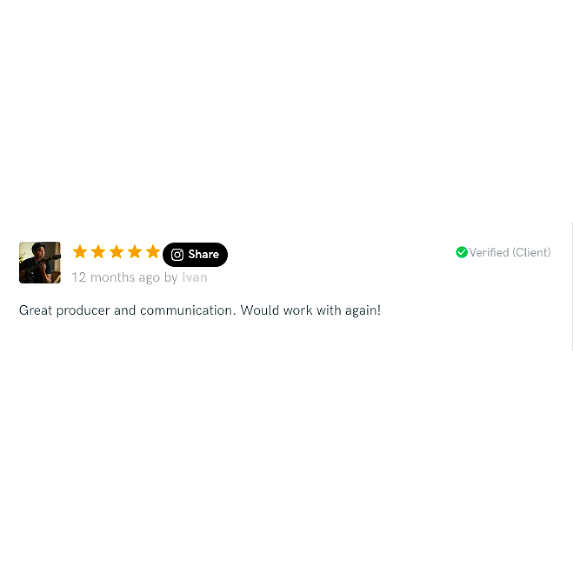 A blurred image of an online review from a client named Ivan, giving a five-star rating, with a comment praising the producer's communication and stating they would work together again