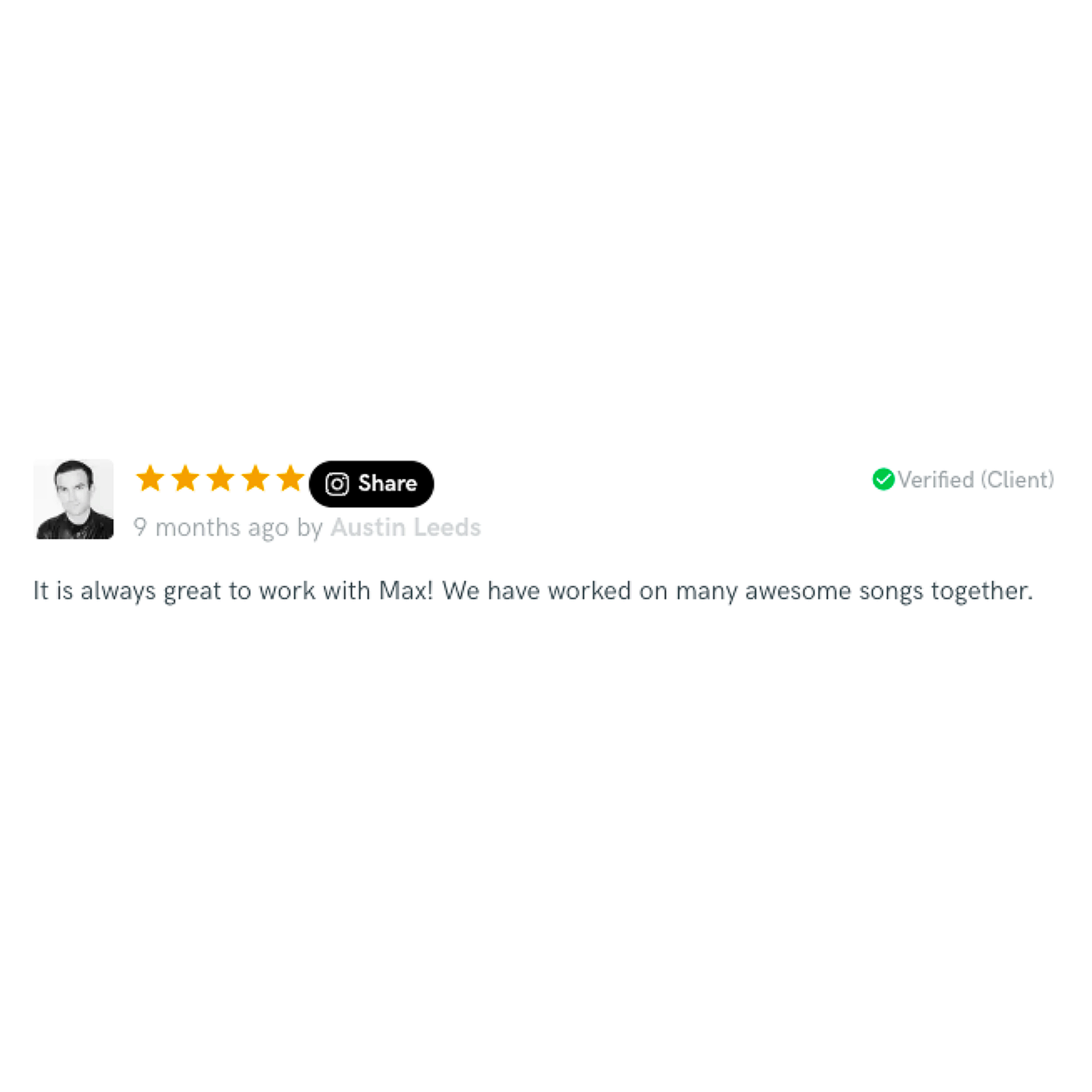 Customer review with 5-star rating and verified status, featuring a black-and-white profile picture of Austin Leeds. The review is about working with Max on music and mentions having worked on many songs together.