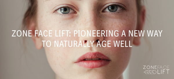 Close-up of a young woman with light skin and freckles, with overlay text about zone face lift and natural aging.