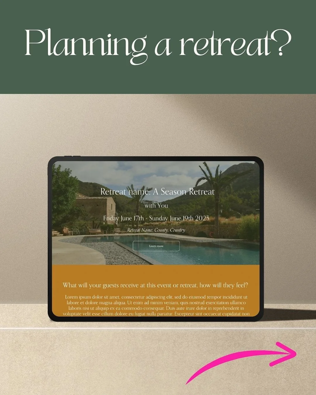 Planning a retreat?
Struggling to find the time to build a sales page?
Need advice and support on how to take payments and booking?
Not sure what to include to make it as enticing as you know it truly is?
Want support with a ‘done for you page