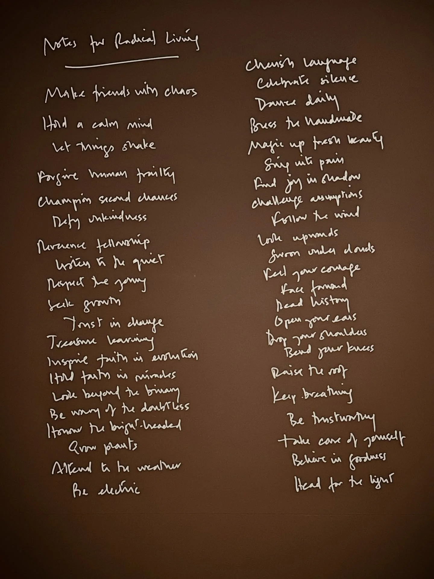Make friends with chaos 
Let things shake 
Forgive human frailty 
Champion second chances 
Defy unkindness 
Reverence fellowship 
Listen to the quiet 
Respect the young 
Seek growth
Trust in change 
Treasure learning 
Inspire faith in evolution 
Reac