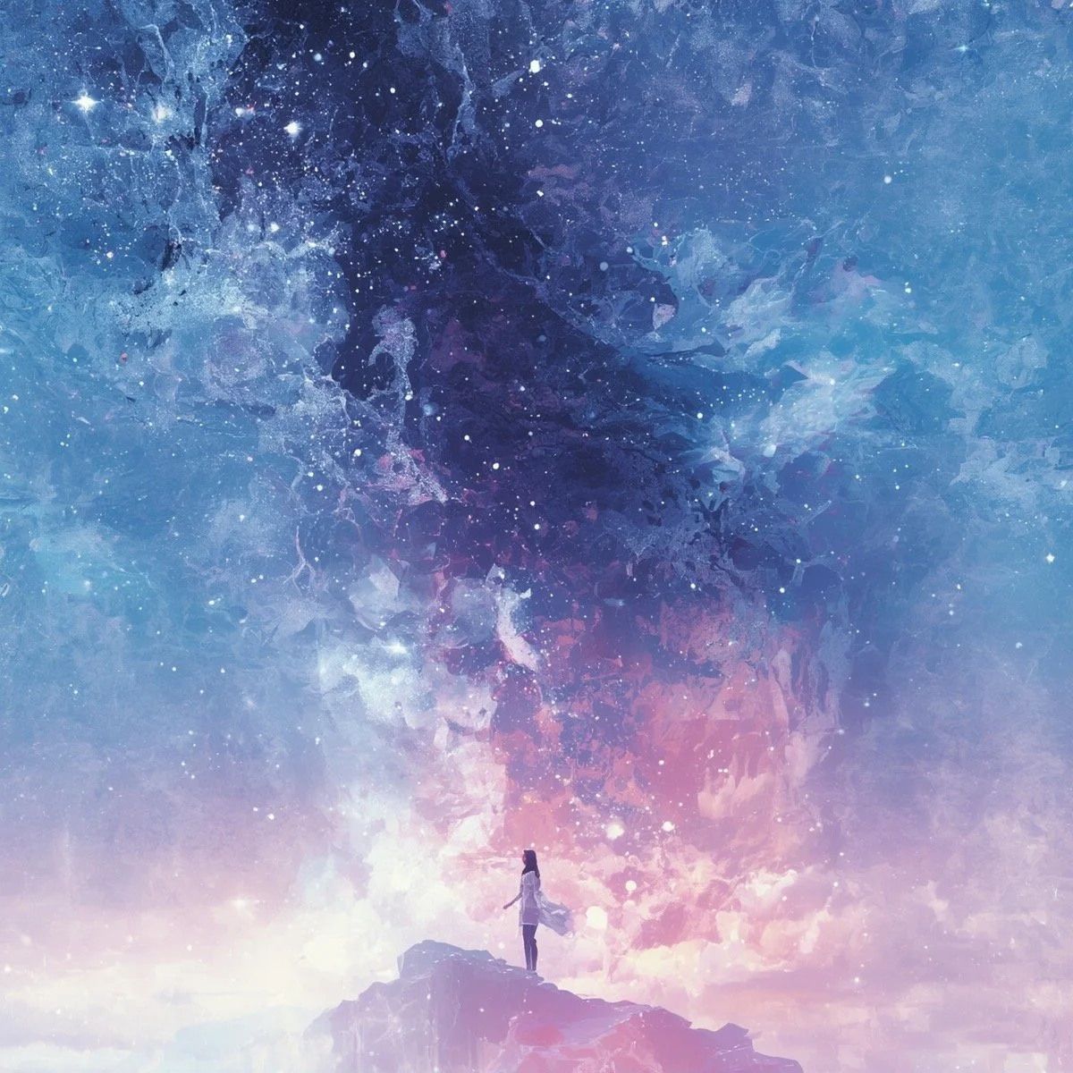 Silhouette of a person standing against a colorful, star-filled night sky with a prominent view of the Milky Way galaxy, set in a natural landscape.