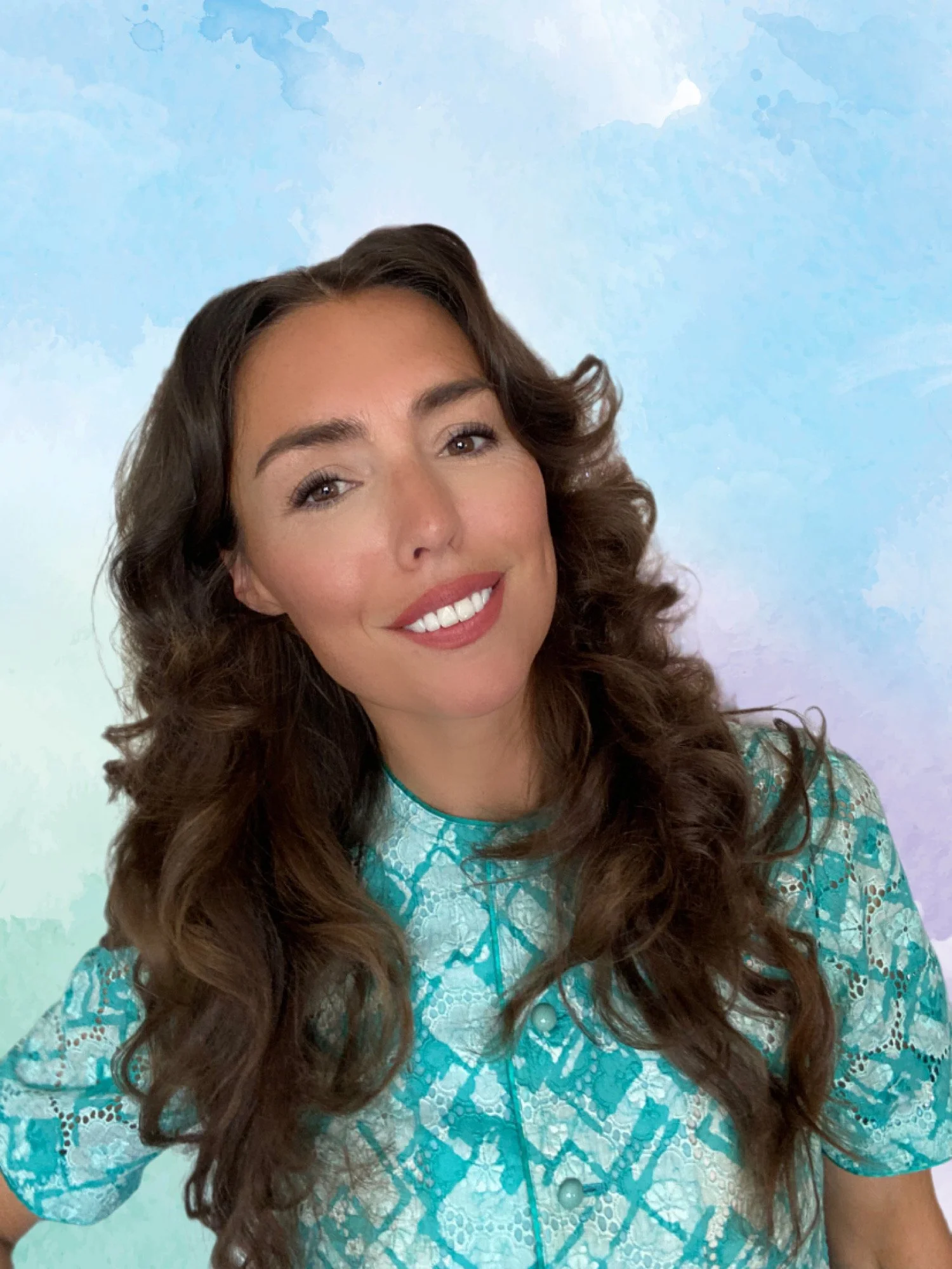 Woman with long hair and eyes closed in a meditative pose against a dreamy, cloud-filled background with light bubbles.