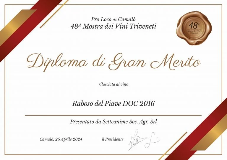 
Prestigioso Riconoscimento alla 48ª Mostra dei Vini Triveneti per Raboso del Piave DOC 2016  