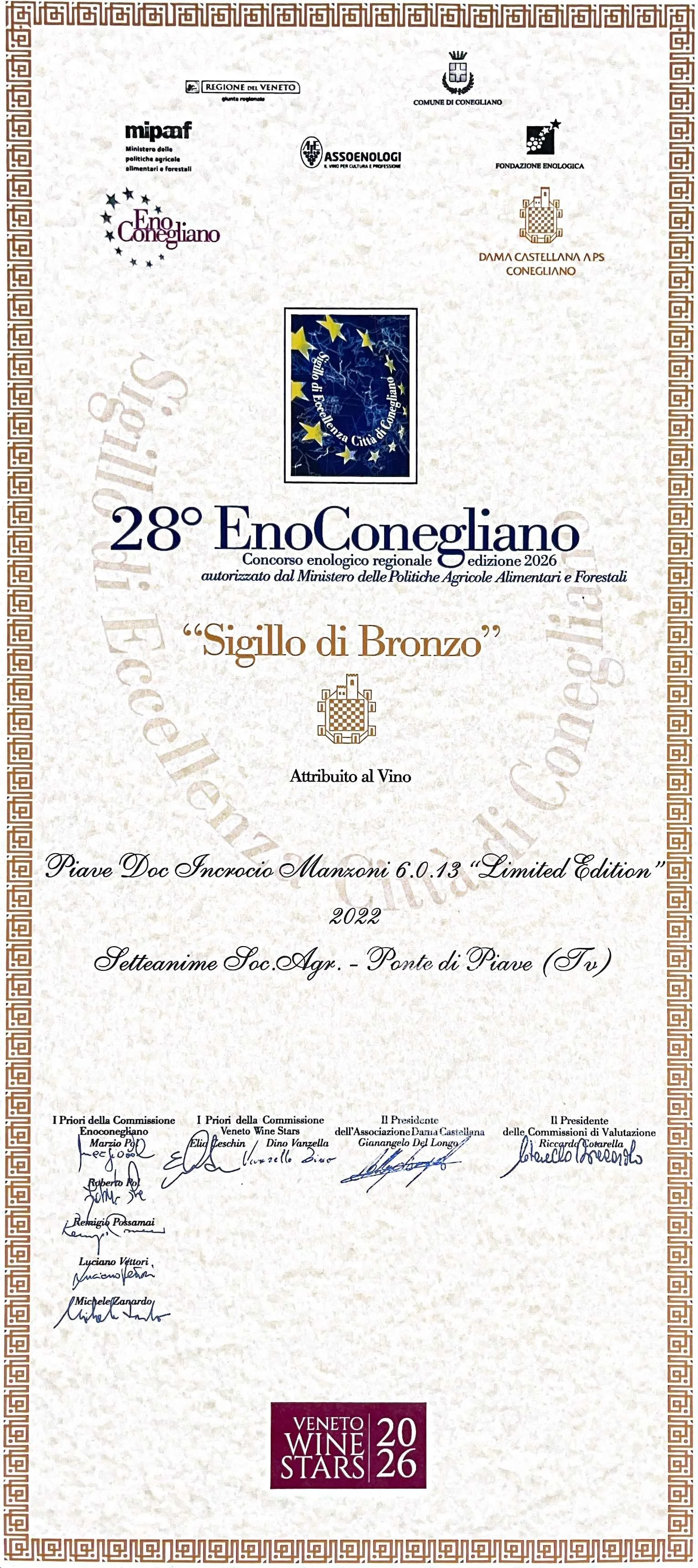 28° CONCORSO ENOLOGICO REGIONALE SELEZIONE VINI VENETI 2026 ENOCONEGLIANO INCROCIO MANZONI 6.0.13 LIMITED EDITION ANNATA 2022