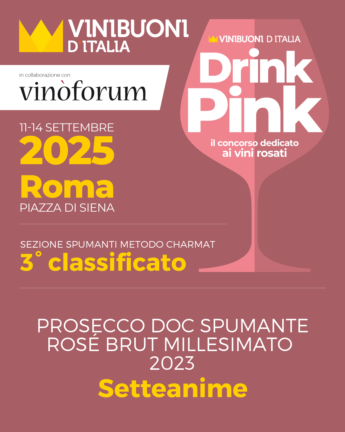 GUIDA VINI BUONI D’ITALIA CONCORSO DRINK PINK PROSECCO DOC BRUT ROSE’ MILLESIMATO 2023 3° CLASSIFICATO