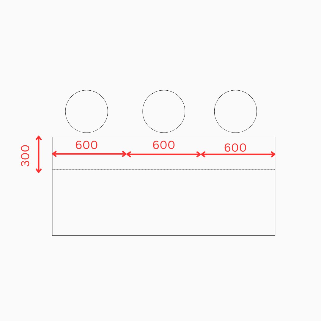 Kitchen island seating dimensions showing 600 mm space per person and 300 mm worktop overhang for comfortable seating.
