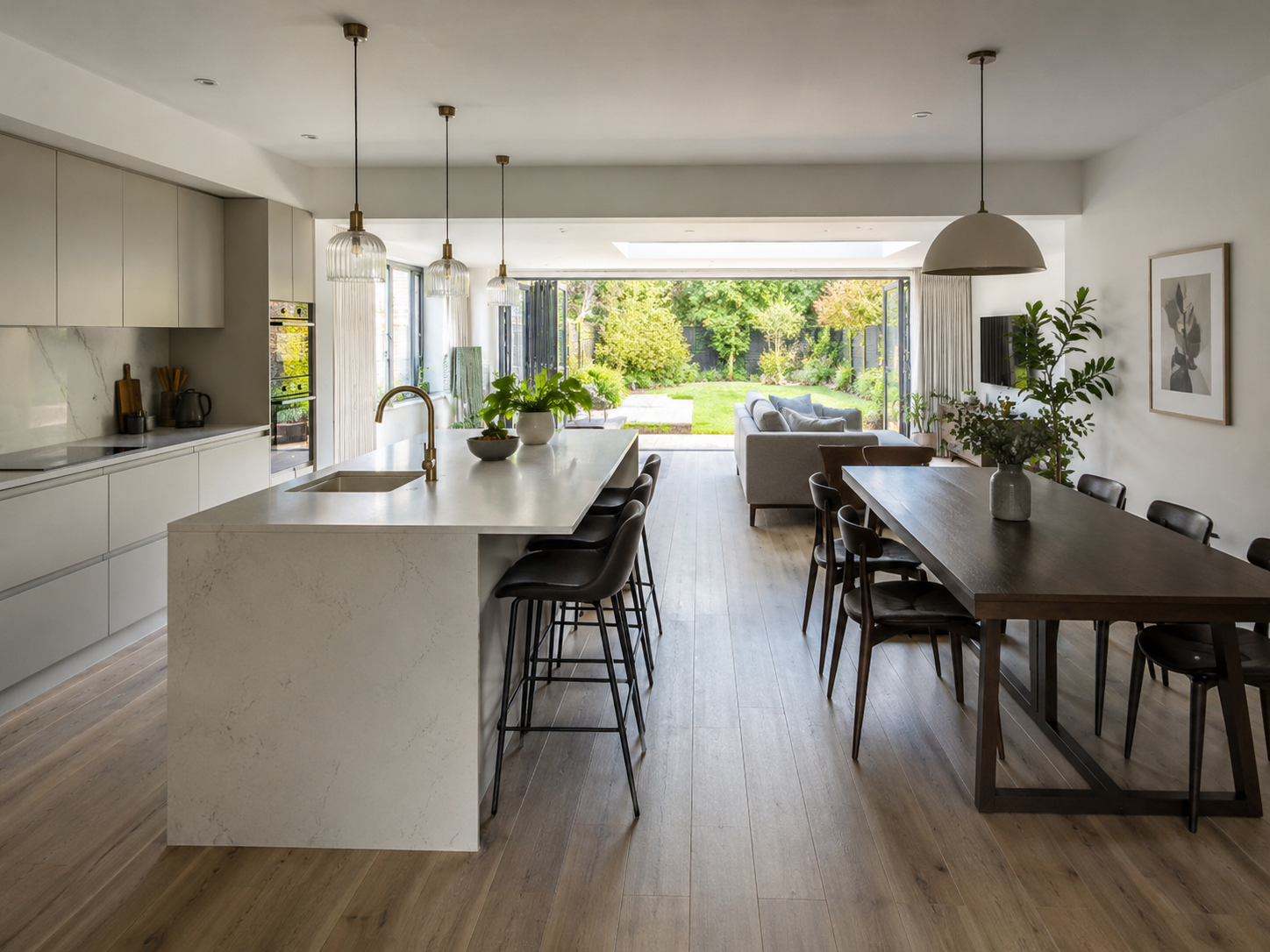 Contemporary open-plan kitchen-diner with island, dining area and bifold doors to garden — kitchen design and space planning in Ashby de la Zouch