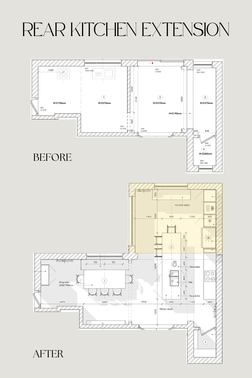Before and after floor plan of a rear kitchen extension, showing the redesigned layout with kitchen island, dining area, and pantry