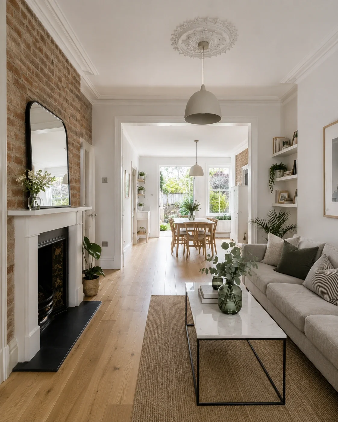 Renovated Victorian terraced house interior with open through-lounge, exposed brick fireplace and modern Scandinavian styling — interior design project serving Lichfield