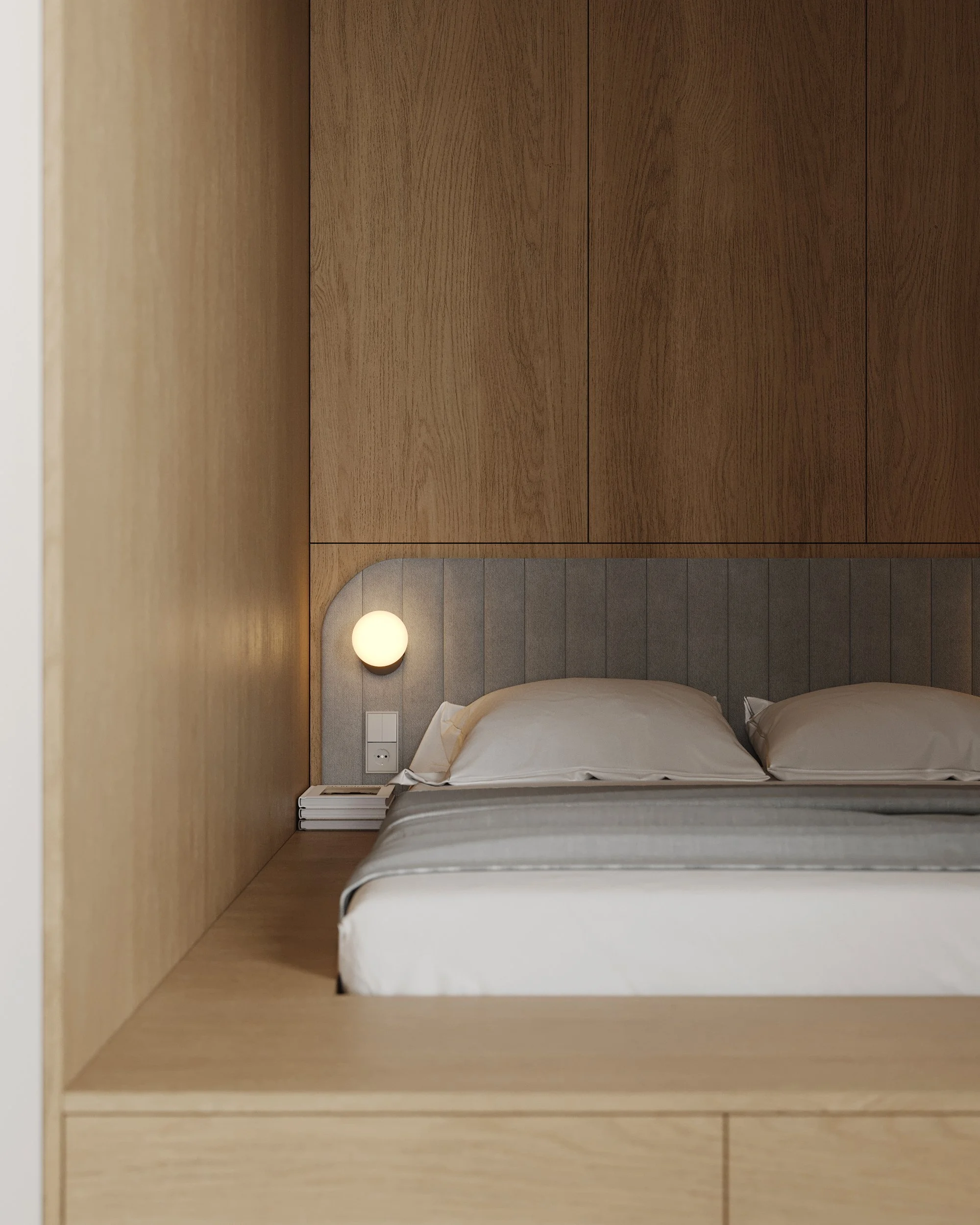 Minimalist residential interior design bedroom with room-in-a-box joinery, built-in storage, upholstered headboard and soft lighting