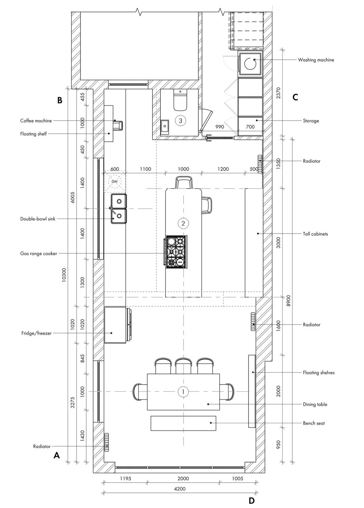 Technical furniture plan for open-plan kitchen extension in Birmingham by interior designer