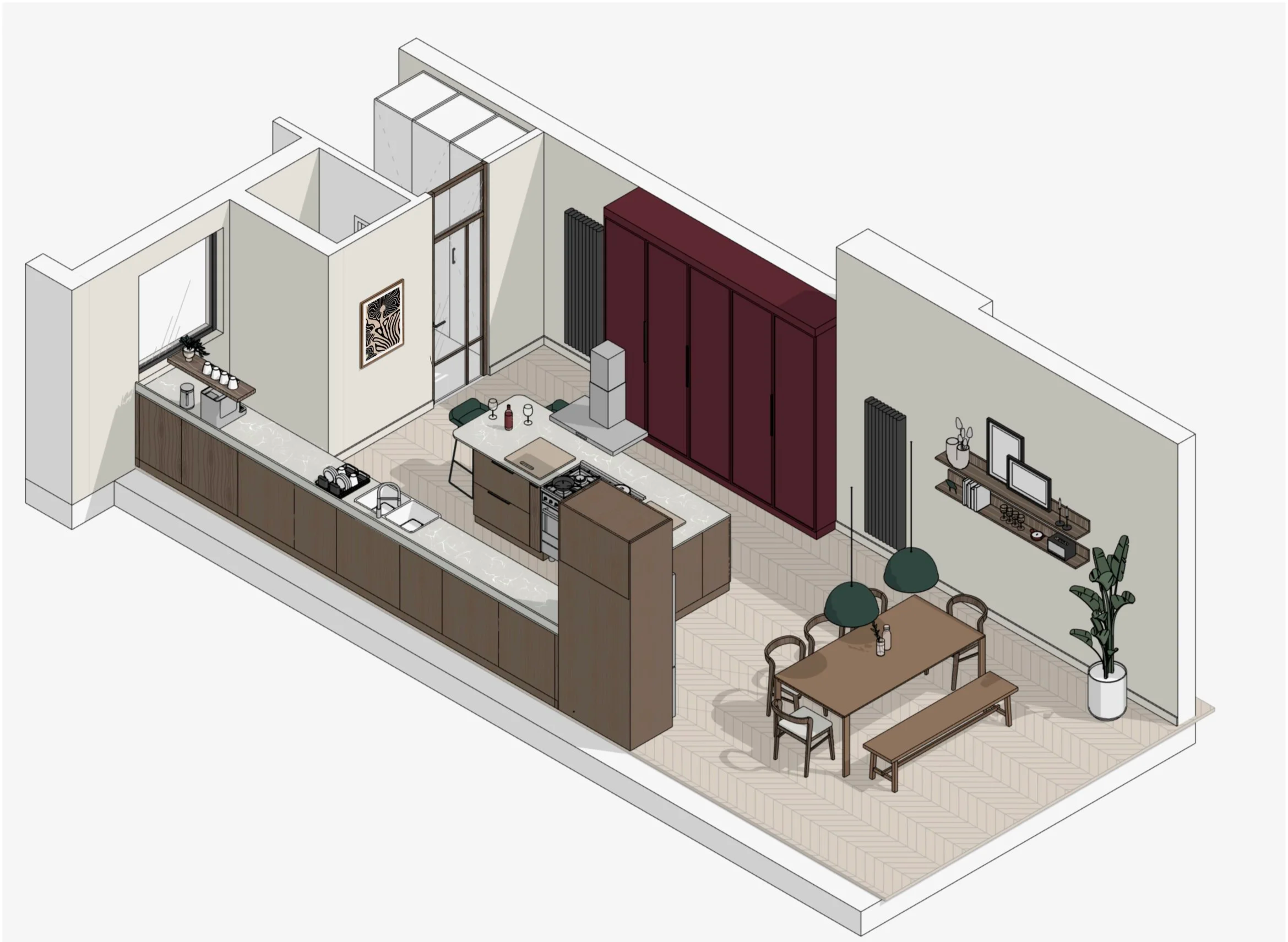 3D axonometric view of open-plan kitchen extension with island in Birmingham by Alekseeva Design