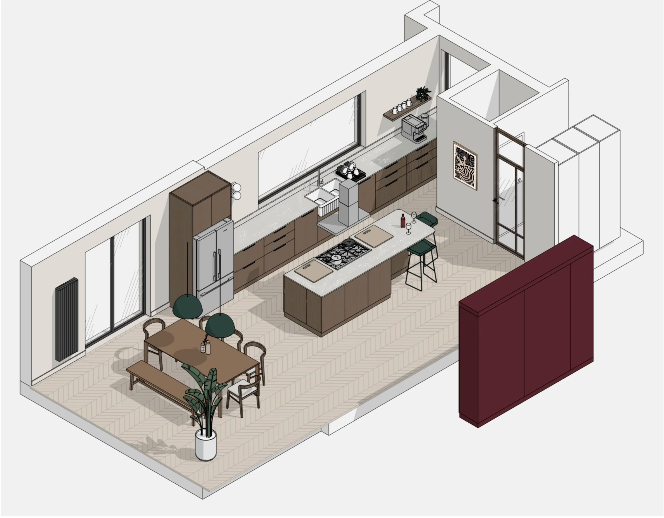 Contemporary kitchen extension with tall burgundy cabinets and island layout in West Midlands