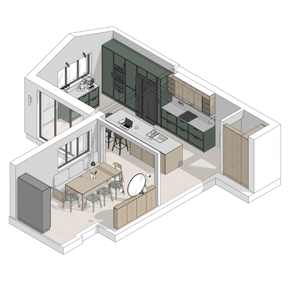 3D kitchen layout plan for a semi-detached home showing open-plan kitchen-diner with island — space planning in Burton-on-Trent