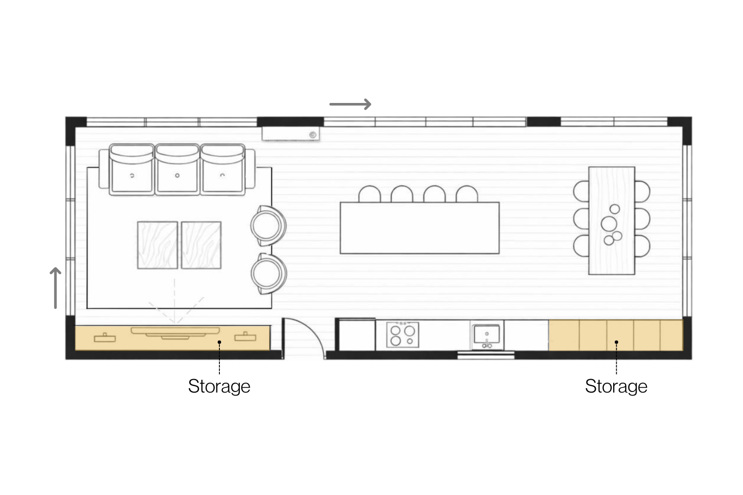Open-plan kitchen living layout showing integrated storage solutions along walls.