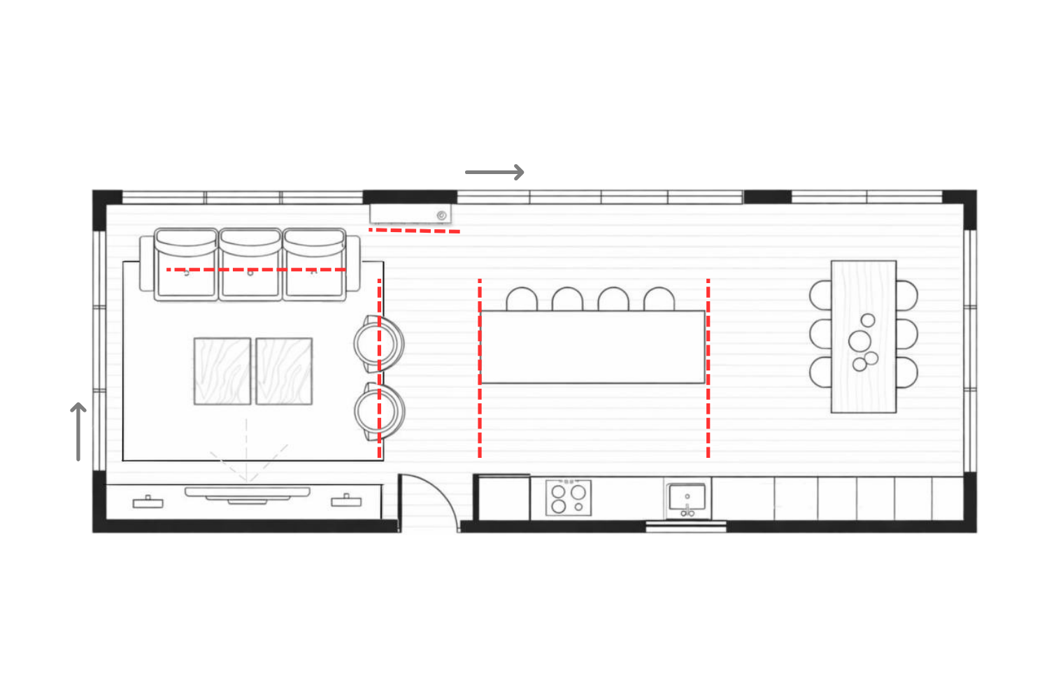 Open-plan layout showing how furniture such as a kitchen island and sofa helps define zones without walls.