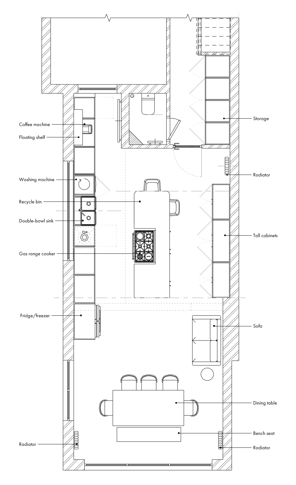 Furniture layout plan of a 40 sq.m open-plan kitchen-diner in Birmingham, showing the central island with gas range cooker, tall cabinets, double-bowl sink, dining table and sitting area